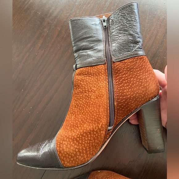 Suede & Leather Color block Stacked Heel Booties Brown Sz 8 $295 - Picture 6 of 15